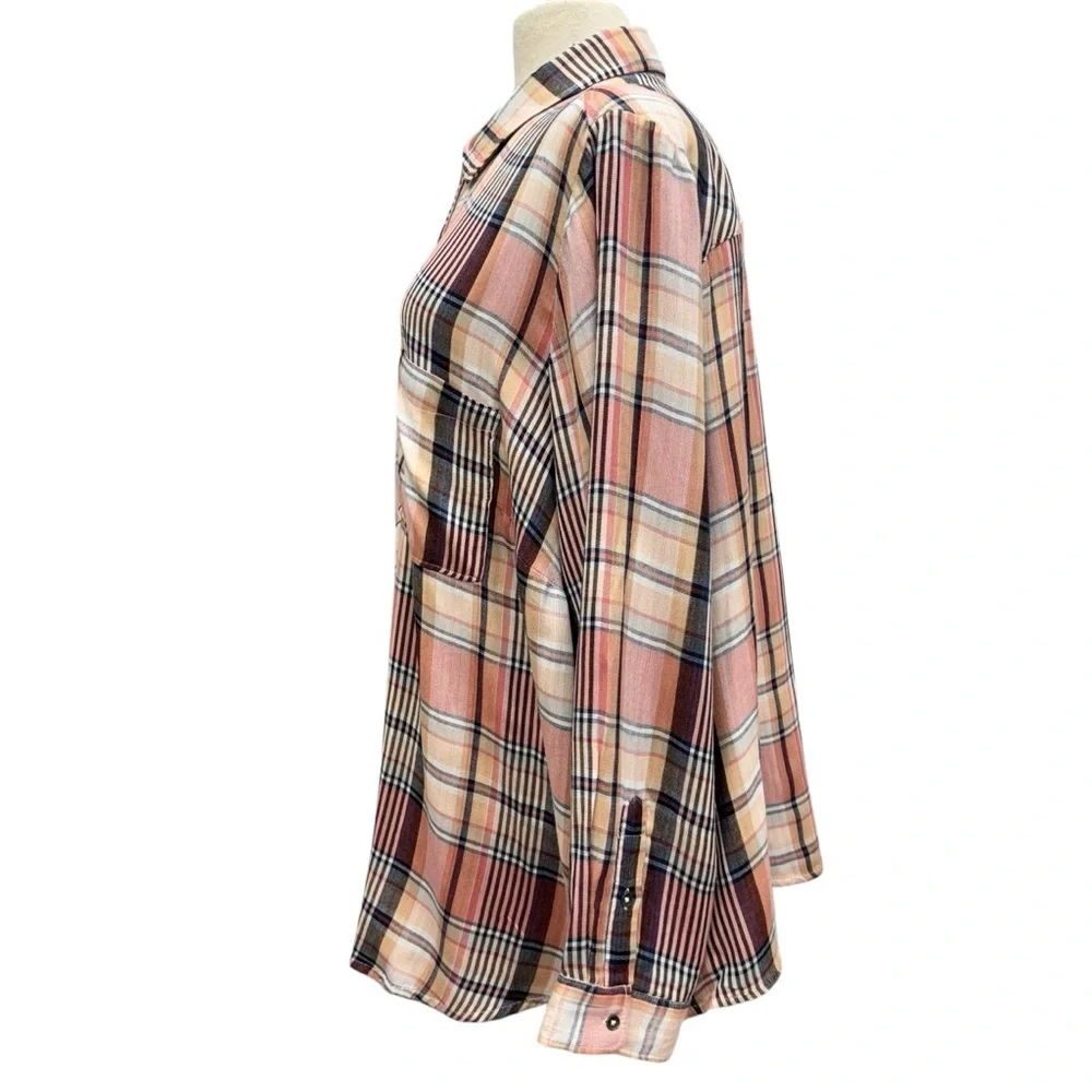 Lucky Brand Cloud Plaid Button Up Shirt Boyfriend Women's 3X Pink Double Fabric - Picture 5 of 13